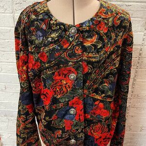 VINTAGE VELVET Floral Print Dress Party Blazer Black Red Size 12